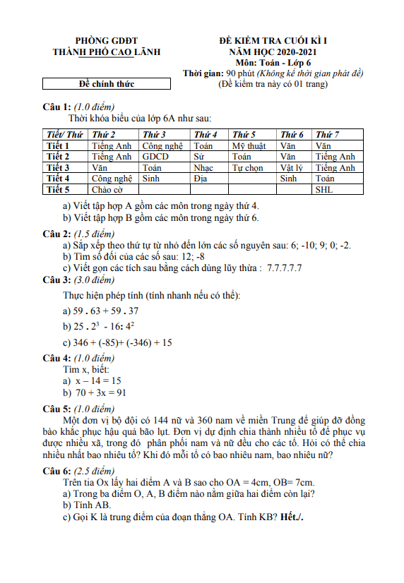 Đề kiểm tra cuối kì 1 Toán 6 năm 2020 – 2021 phòng GD&ĐT TP Cao Lãnh – Đồng Tháp