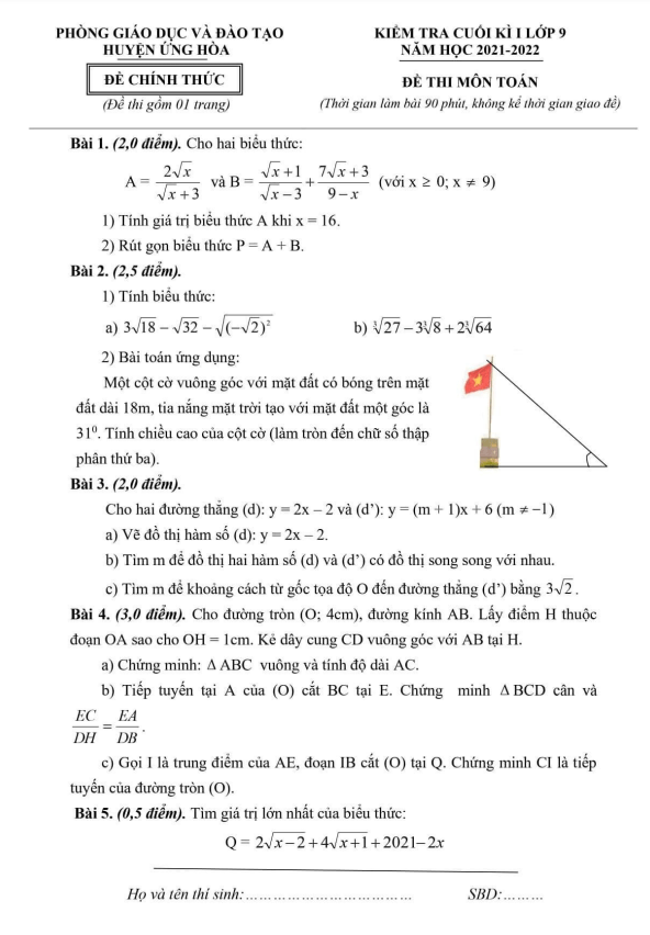 Đề kiểm tra cuối kì 1 Toán 9 năm 2021 – 2022 phòng GD&ĐT Ứng Hòa – Hà Nội