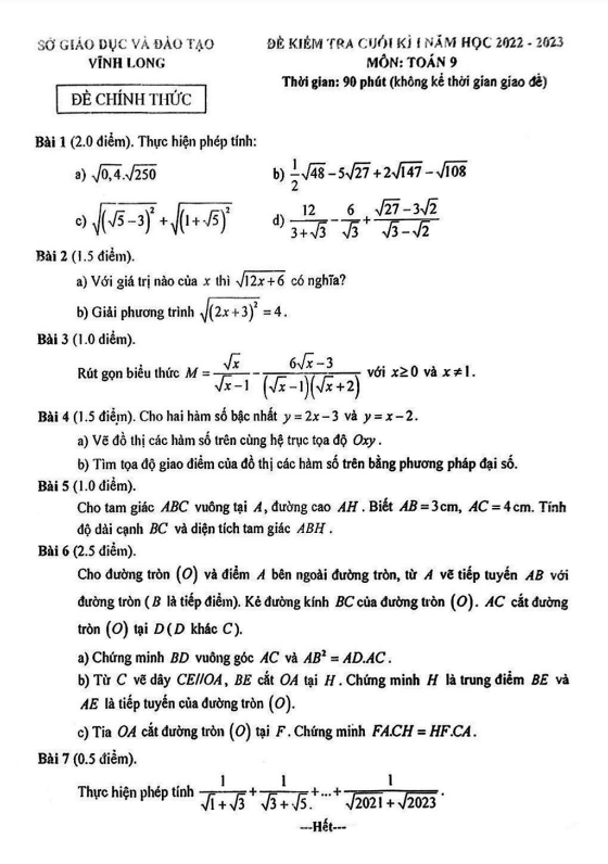 Đề kiểm tra cuối kì 1 Toán 9 năm 2022 – 2023 sở GD&ĐT Vĩnh Long