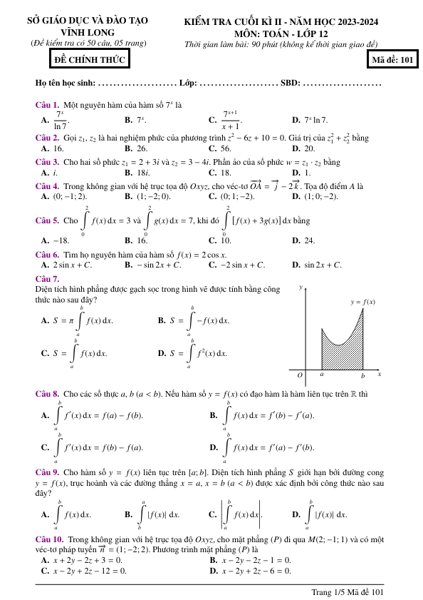 Đề kiểm tra cuối kì 2 Toán 12 năm 2023 – 2024 sở GD&ĐT Vĩnh Long