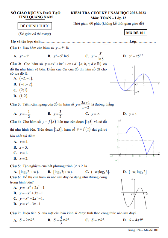 Đề kiểm tra cuối kỳ 1 Toán 12 năm 2022 – 2023 sở GD&ĐT Quảng Nam