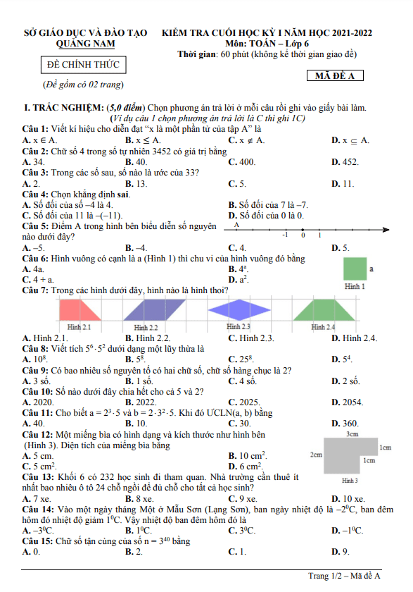 Đề kiểm tra cuối kỳ 1 Toán 6 năm 2021 – 2022 sở GD&ĐT Quảng Nam