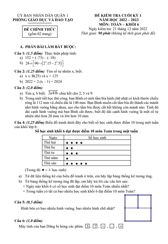 Đề kiểm tra cuối kỳ 1 Toán 6 năm 2022 – 2023 phòng GD&ĐT Quận 1 – TP HCM