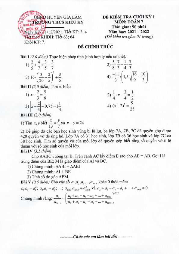 Đề kiểm tra cuối kỳ 1 Toán 7 năm 2021 – 2022 trường THCS Kiêu Kỵ – Hà Nội
