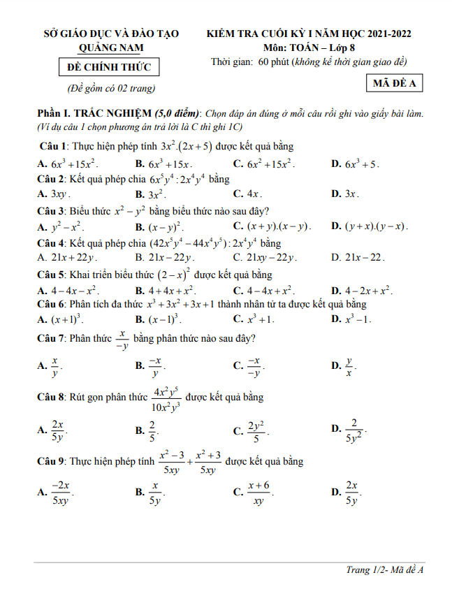 Đề kiểm tra cuối kỳ 1 Toán 8 năm 2021 – 2022 sở GD&ĐT Quảng Nam