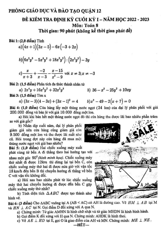 Đề kiểm tra cuối kỳ 1 Toán 8 năm 2022 – 2023 phòng GD&ĐT Quận 12 – TP HCM