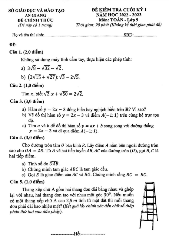 Đề kiểm tra cuối kỳ 1 Toán 9 năm 2022 – 2023 sở GD&ĐT An Giang