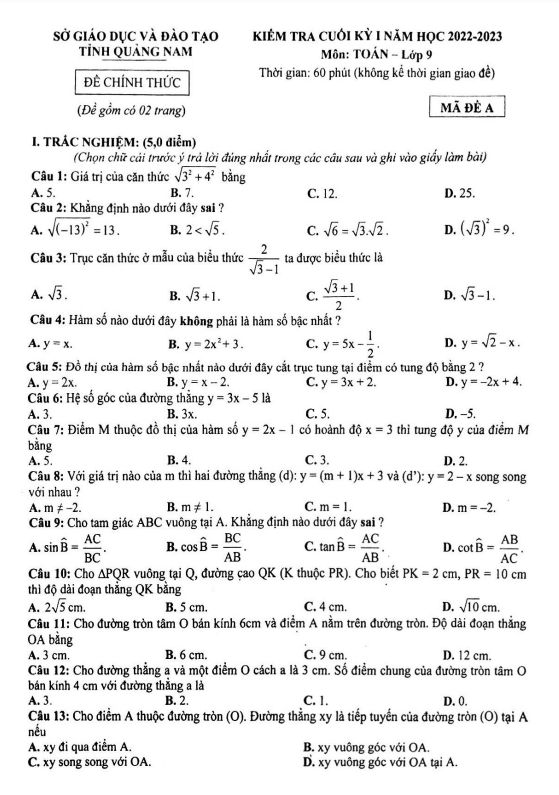 Đề kiểm tra cuối kỳ 1 Toán 9 năm 2022 – 2023 sở GD&ĐT Quảng Nam