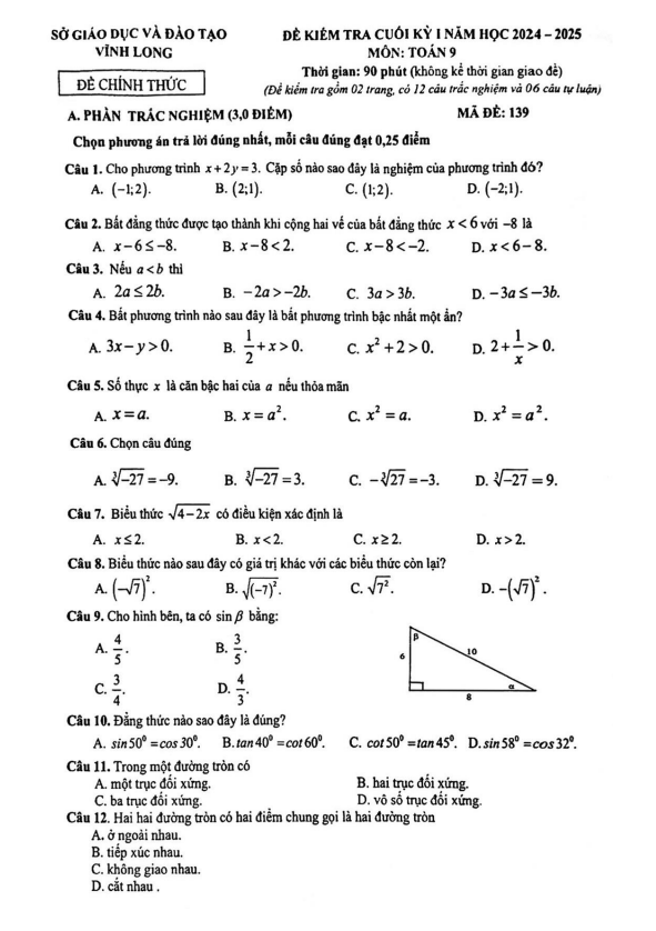 Đề kiểm tra cuối kỳ 1 Toán 9 năm 2024 – 2025 sở GD&ĐT Vĩnh Long