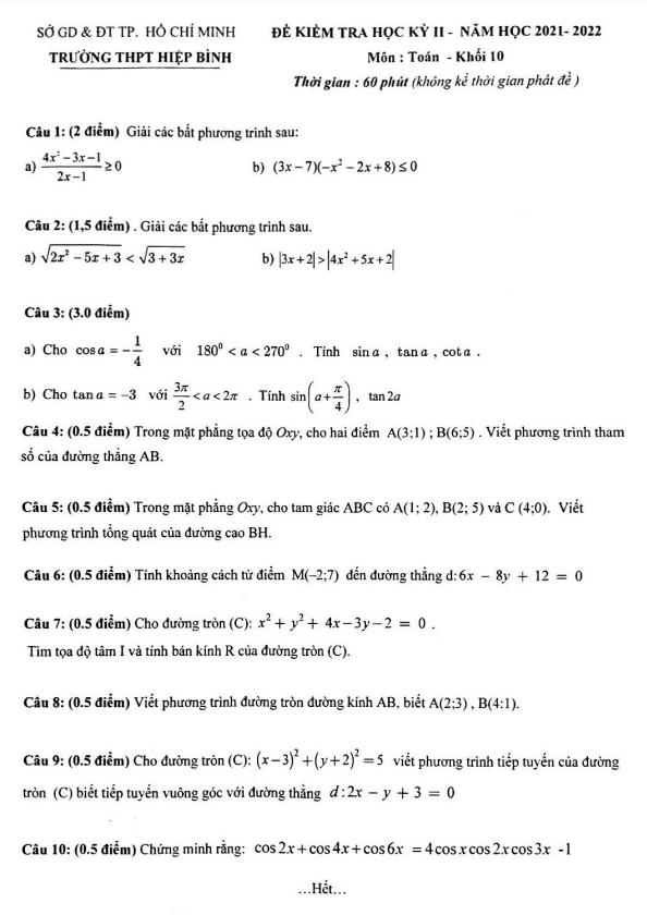 Đề kiểm tra cuối kỳ 2 Toán 10 năm 2021 – 2022 trường THPT Hiệp Bình – TP HCM