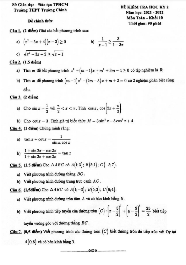 Đề kiểm tra cuối kỳ 2 Toán 10 năm 2021 – 2022 trường THPT Trường Chinh – TP HCM