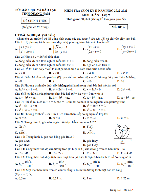 Đề kiểm tra cuối kỳ 2 Toán 9 năm 2022 – 2023 sở GD&ĐT Quảng Nam