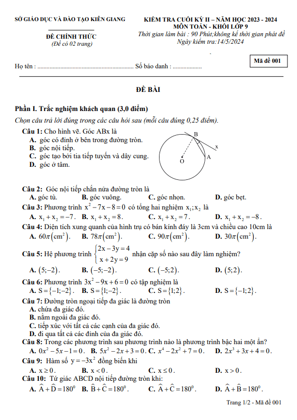 Đề kiểm tra cuối kỳ 2 Toán 9 năm 2023 – 2024 sở GD&ĐT Kiên Giang