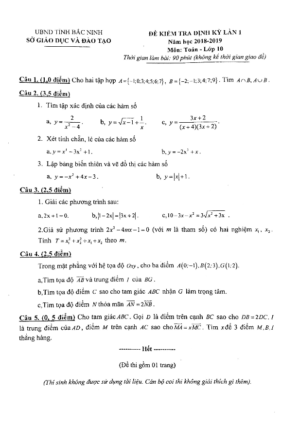 Đề kiểm tra định kỳ Toán 10 lần 1 năm 2018 – 2019 sở GD và ĐT Bắc Ninh