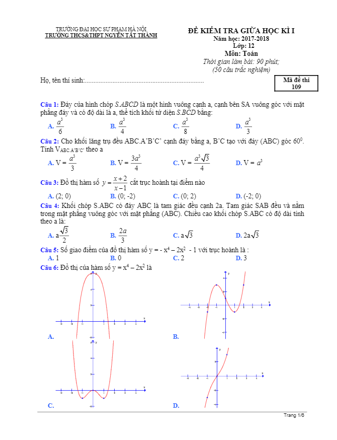 Đề kiểm tra giữa HK1 năm 2017 – 2018 môn Toán 12 trường THCS – THPT Nguyễn Tất Thành – Hà Nội