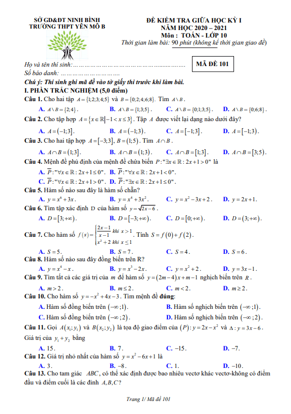 Đề kiểm tra giữa HK1 Toán 10 năm 2020 – 2021 trường THPT Yên Mô B – Ninh Bình