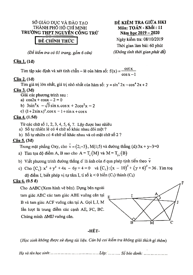 Đề kiểm tra giữa HK1 Toán 11 năm 2019 – 2020 trường Nguyễn Công Trứ – TP HCM