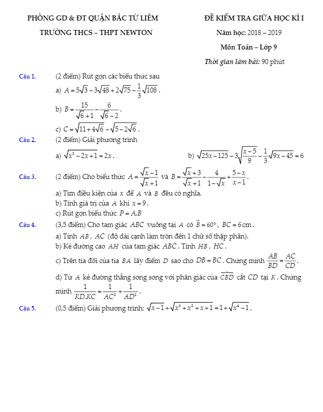 Đề kiểm tra giữa HK1 Toán 9 năm học 2018 – 2019 trường Newton – Hà Nội