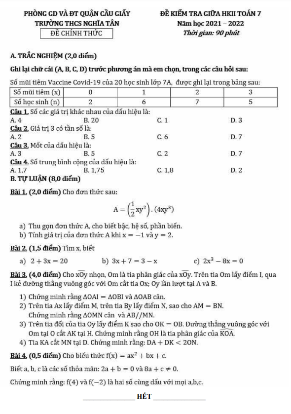 Đề kiểm tra giữa HK2 Toán 7 năm 2021 – 2022 trường THCS Nghĩa Tân – Hà Nội
