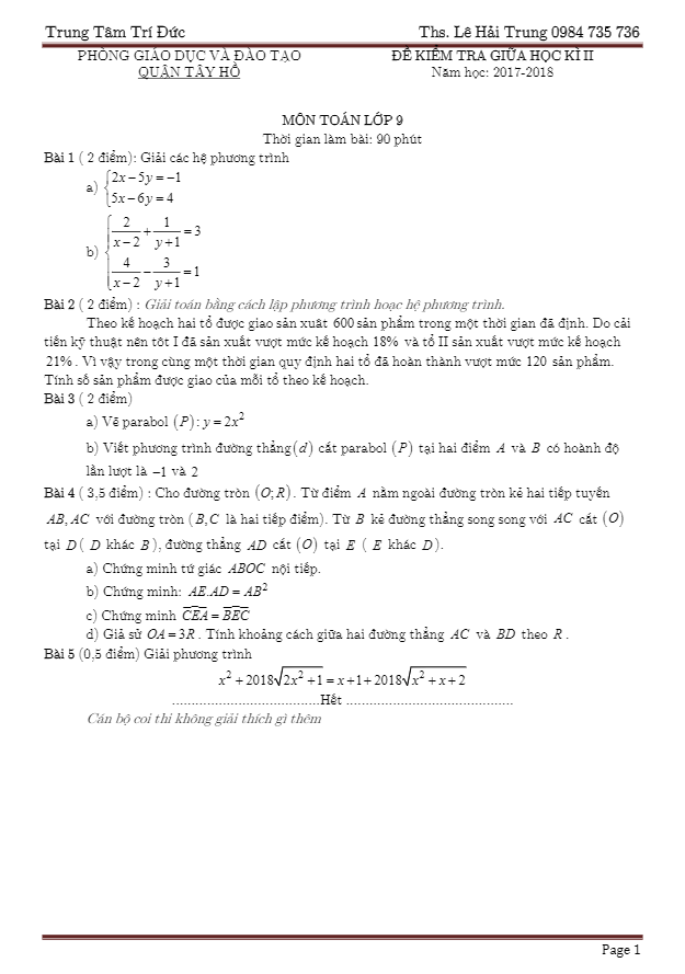 Đề kiểm tra giữa HK2 Toán 9 năm 2017 – 2018 phòng GD và ĐT Quận Tây Hồ – Hà Nội