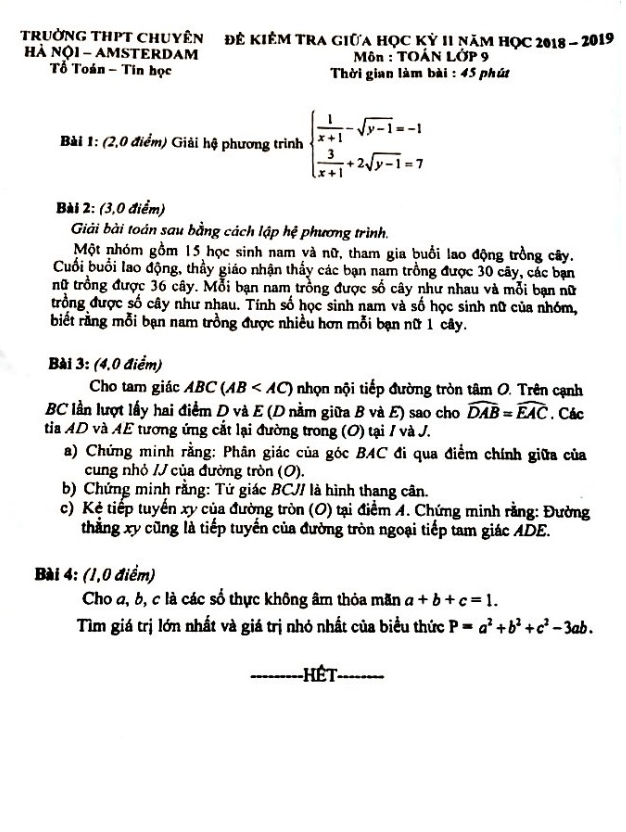 Đề kiểm tra giữa HK2 Toán 9 năm 2018 – 2019 trường chuyên Hà Nội – Amsterdam
