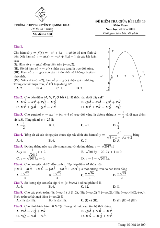 Đề kiểm tra giữa HKI lớp 10 môn Toán trường THPT Nguyễn Thị Minh Khai – Hà Nội
