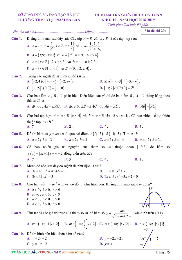 Đề kiểm tra giữa HKI Toán 10 năm 2018 – 2019 trường THPT Việt Nam – Ba Lan – Hà Nội