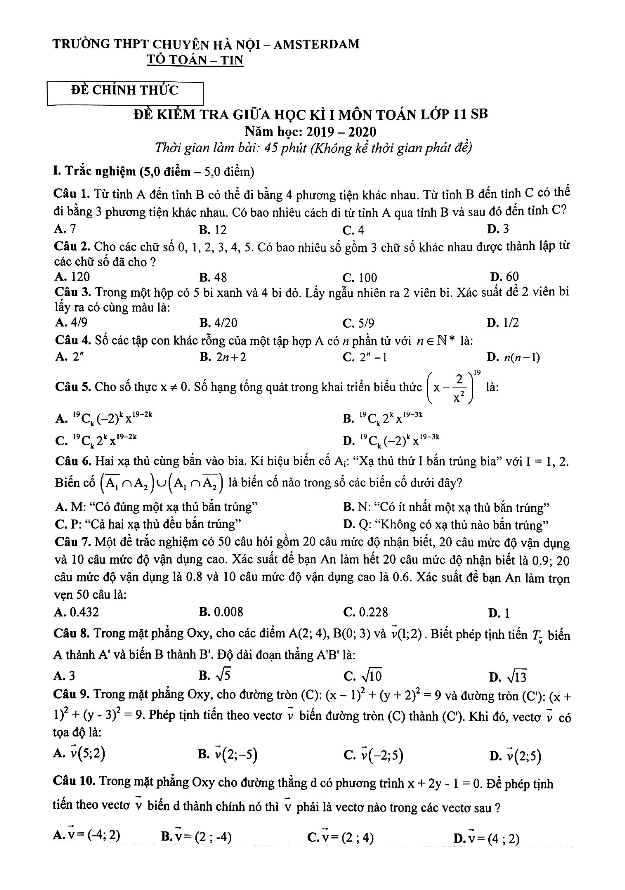 Đề kiểm tra giữa HKI Toán 11 năm 2019 – 2020 trường chuyên Hà Nội – Amsterdam