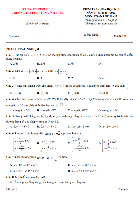 Đề kiểm tra giữa học kì 1 Toán 11 CB năm 2021 – 2022 trường THPT chuyên Vĩnh Phúc