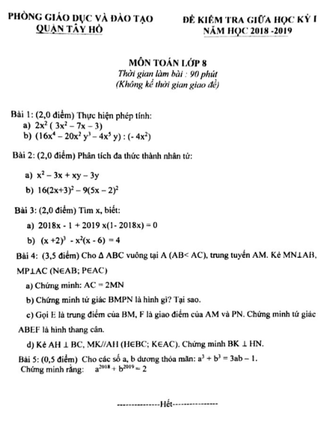 Đề kiểm tra giữa học kì 1 Toán 8 năm 2018 – 2019 phòng GD và ĐT Tây Hồ – Hà Nội