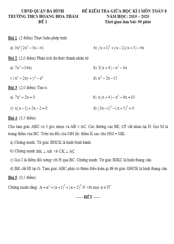 Đề kiểm tra giữa học kì 1 Toán 8 năm 2019 – 2020 trường Hoàng Hoa Thám – Hà Nội