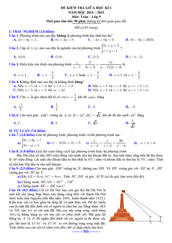Đề kiểm tra giữa học kì 1 Toán 9 năm 2024 – 2025 sở GD&ĐT Bắc Ninh