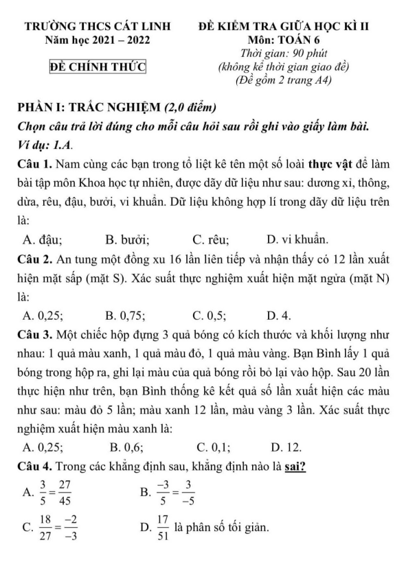 Đề kiểm tra giữa học kì 2 Toán 6 năm 2021 – 2022 trường THCS Cát Linh – Hà Nội