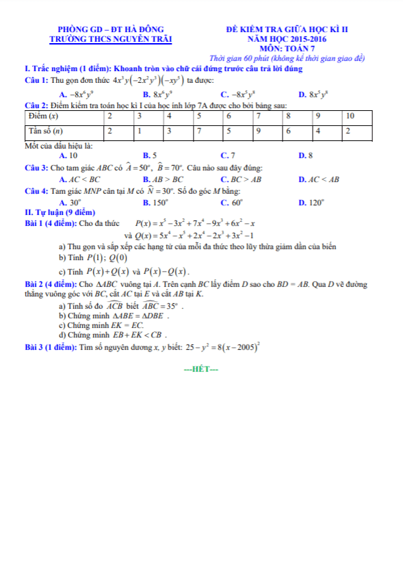 Đề kiểm tra giữa học kì 2 Toán 7 năm 2015 – 2016 trường THCS Nguyễn Trãi – Hà Nội