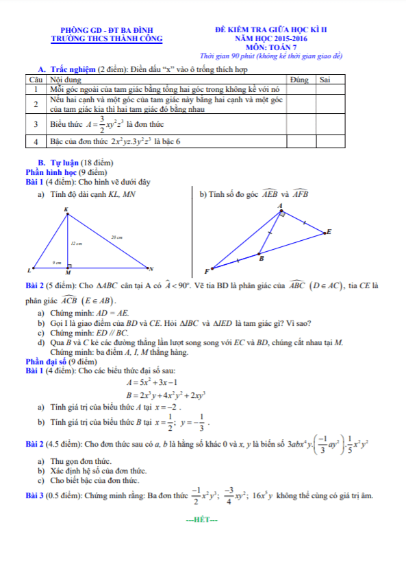 Đề kiểm tra giữa học kì 2 Toán 7 năm 2015 – 2016 trường THCS Thành Công – Hà Nội