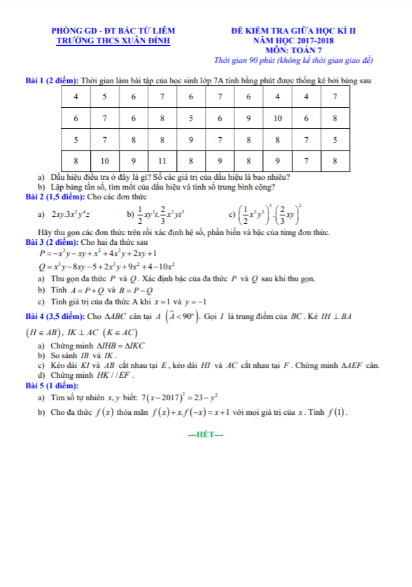 Đề kiểm tra giữa học kì 2 Toán 7 năm 2017 – 2018 trường THCS Xuân Đỉnh – Hà Nội