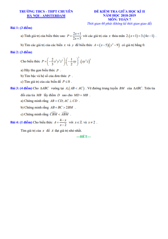Đề kiểm tra giữa học kì 2 Toán 7 năm 2018 – 2019 trường chuyên Hà Nội – Amsterdam