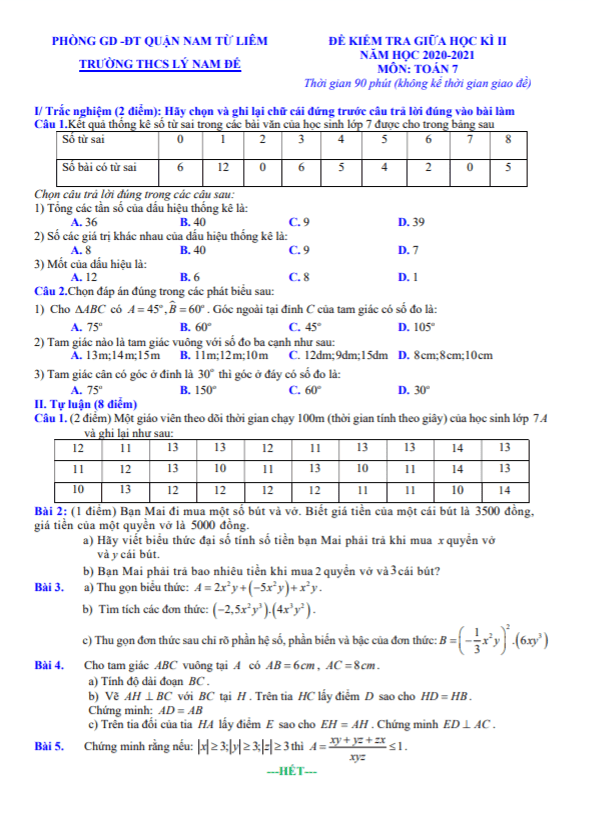 Đề kiểm tra giữa học kì 2 Toán 7 năm 2020 – 2021 trường THCS Lý Nam Đế – Hà Nội