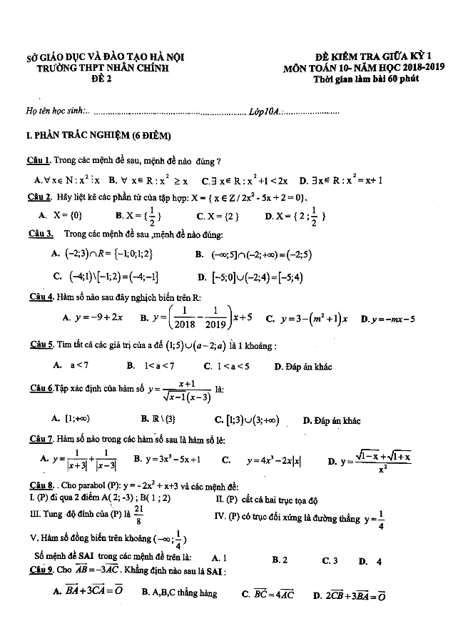 Đề kiểm tra giữa học kỳ 1 Toán 10 năm 2018 – 2019 trường THPT Nhân Chính – Hà Nội