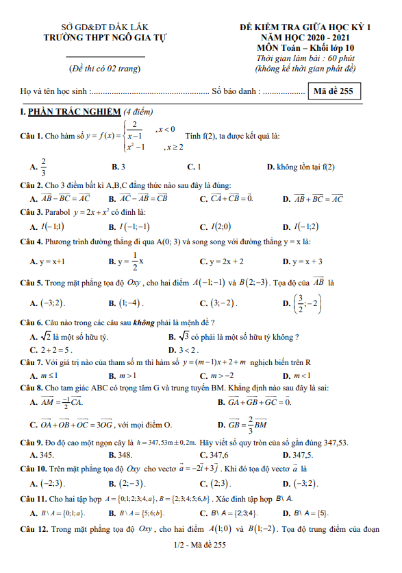 Đề kiểm tra giữa học kỳ 1 Toán 10 năm 2020 – 2021 trường THPT Ngô Gia Tự – Đắk Lắk