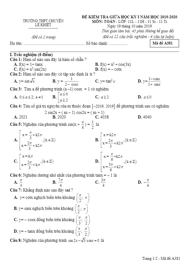 Đề kiểm tra giữa học kỳ 1 Toán 11 năm 2019 – 2020 trường chuyên Lê Khiết – Quảng Ngãi