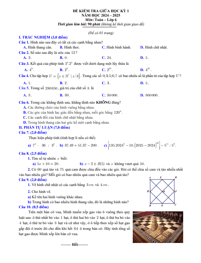 Đề kiểm tra giữa học kỳ 1 Toán 6 năm 2024 – 2025 sở GD&ĐT Bắc Ninh