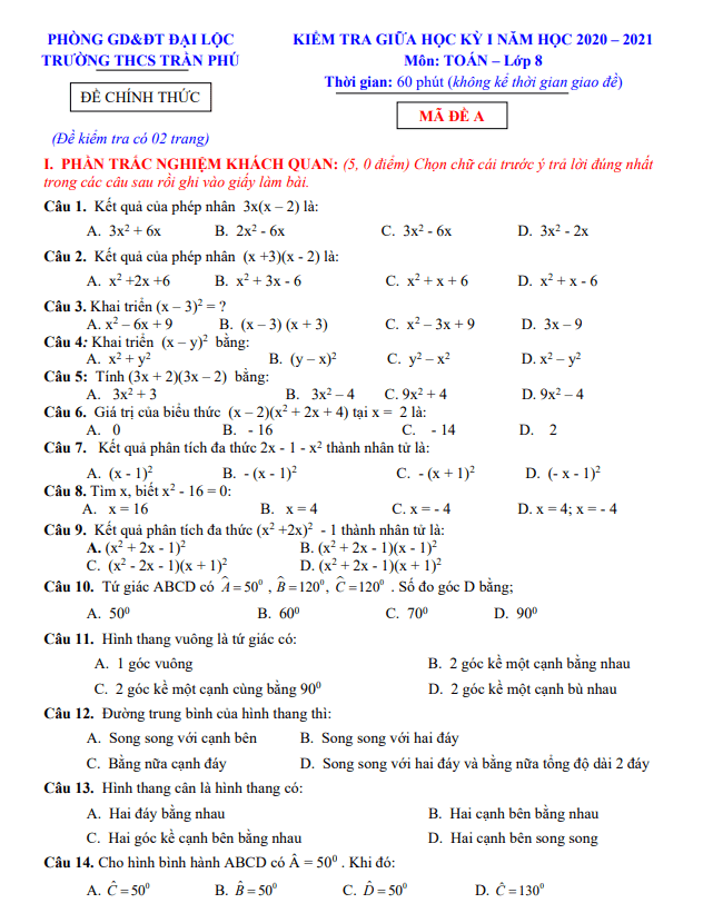Đề kiểm tra giữa học kỳ 1 Toán 8 năm 2020 – 2021 trường THCS Trần Phú – Quảng Nam