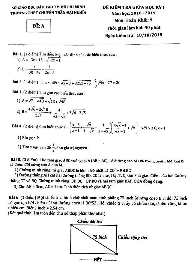 Đề kiểm tra giữa học kỳ 1 Toán 9 năm 2018 – 2019 trường chuyên Trần Đại Nghĩa – TP. HCM