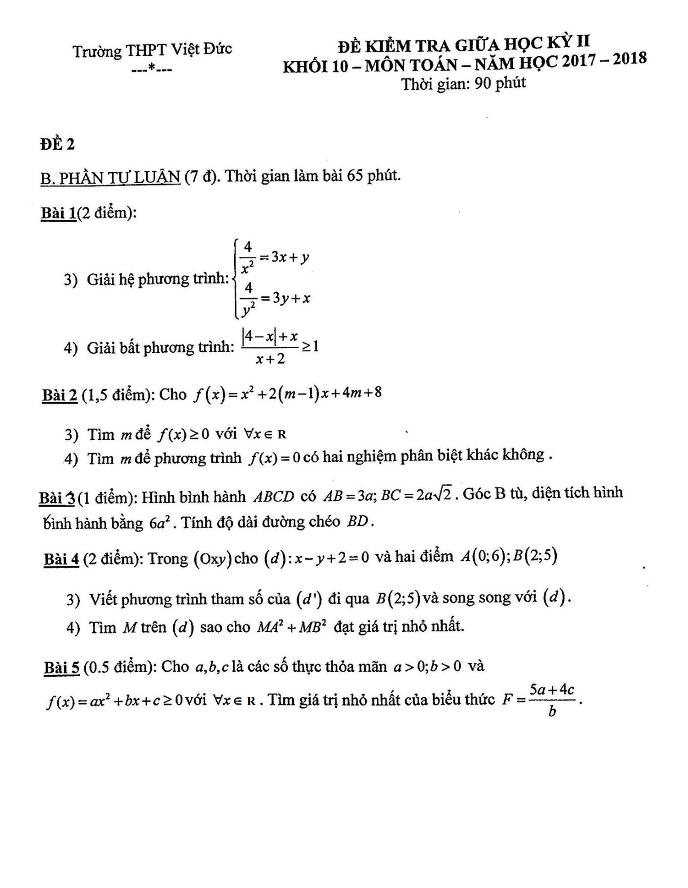 Đề kiểm tra giữa học kỳ 2 môn Toán 10 năm 2017 – 2018 trường THPT Việt Đức – Hà Nội