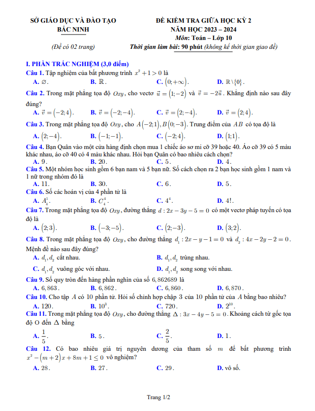 Đề kiểm tra giữa học kỳ 2 Toán 10 năm 2023 – 2024 sở GD&ĐT Bắc Ninh