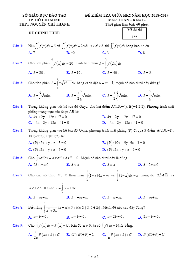 Đề kiểm tra giữa học kỳ 2 Toán 12 năm 2018 – 2019 trường Nguyễn Chí Thanh – TP HCM