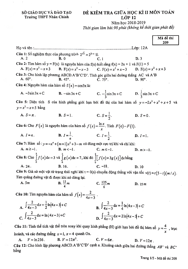 Đề kiểm tra giữa học kỳ 2 Toán 12 năm 2019 trường THPT Nhân Chính – Hà Nội