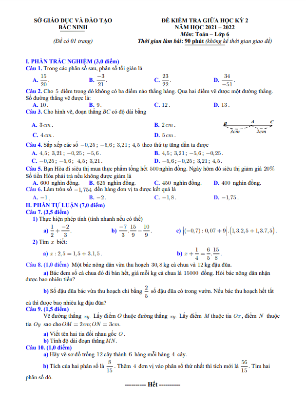 Đề kiểm tra giữa học kỳ 2 Toán 6 năm 2021 – 2022 sở GD&ĐT Bắc Ninh