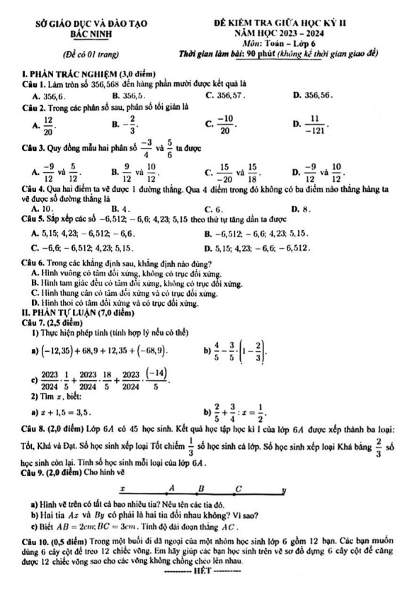 Đề kiểm tra giữa học kỳ 2 Toán 6 năm 2023 – 2024 sở GD&ĐT Bắc Ninh